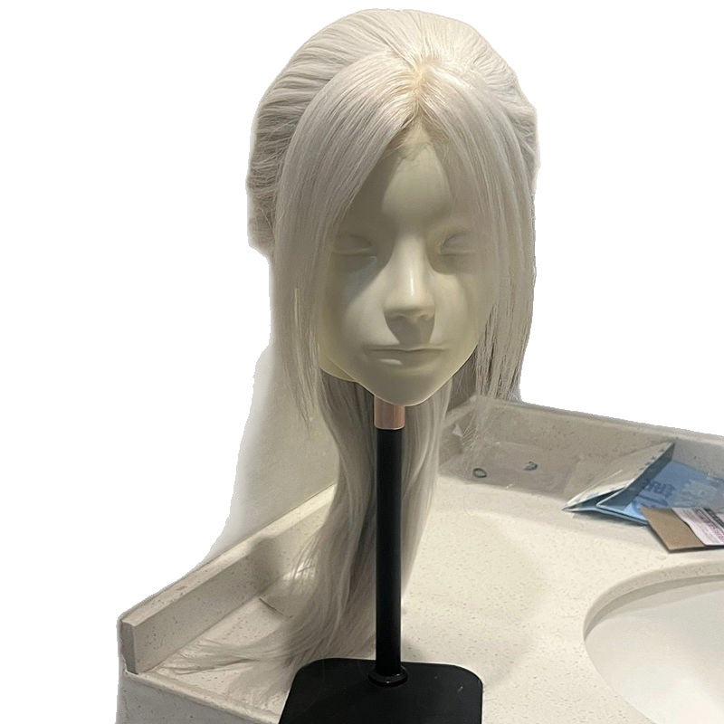 Game Anime Black Sier White Bangs Mid-length Long Straight Wig