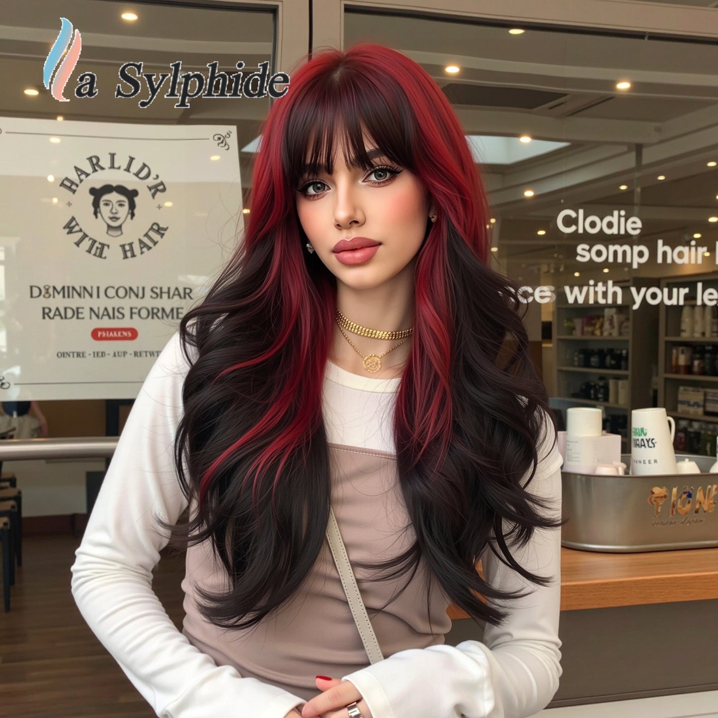 Wine Red Gradient Bangs Fiber Curly Hair Halloween Wig Long Curls