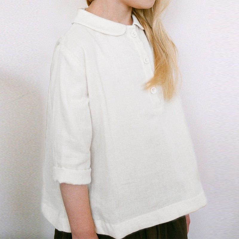 Linen Blue Long Sleeved Mori Style Peter Pan Collar Blouse Children's Shirt
