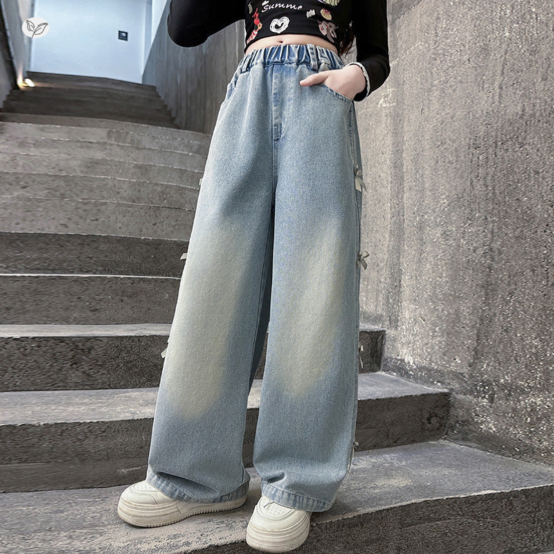 Jeans Spring Side Bow Pull-up Medium Children's Pants