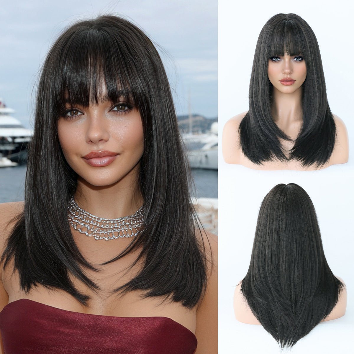Quality Female Natural Black Layered Bangs Long Straight Wig