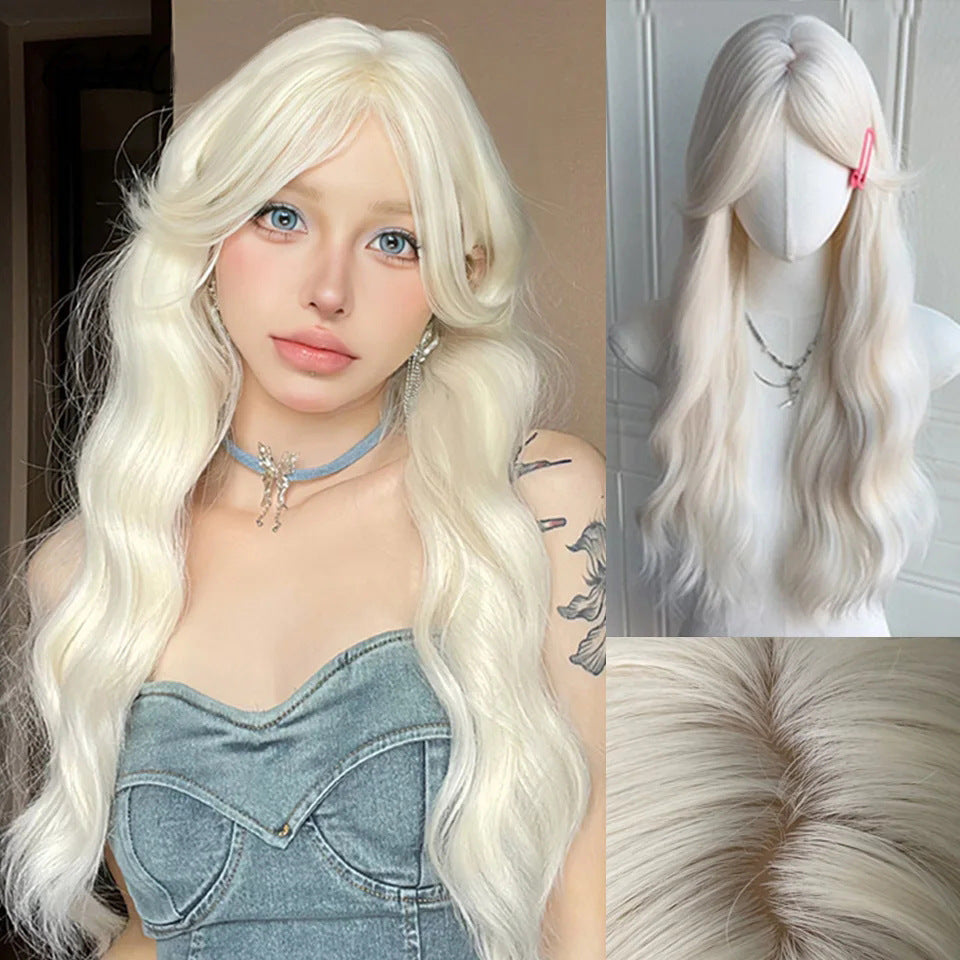 Women's Hair Natural Milk Tea Champagne Chemical Fiber Big Wave Curly Wig Long Curls