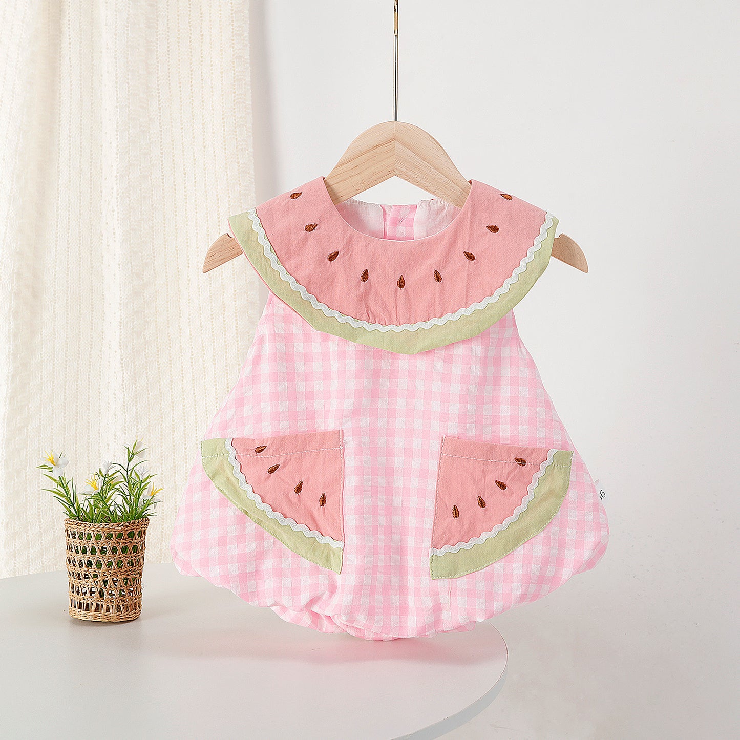 Children's Sleeveless Summer Watermelon Collar Plaid Princess Jumpsuit, Climbing Suit