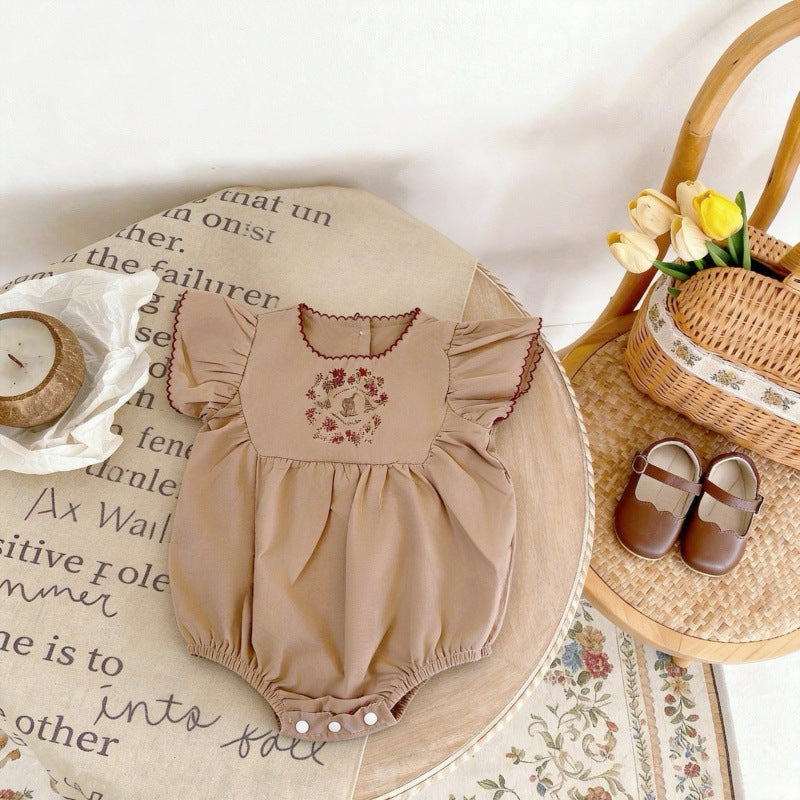 Summer Thin Cotton Embroidery Puff Short Sleeve One-piece Jumpsuit, Climbing Suit