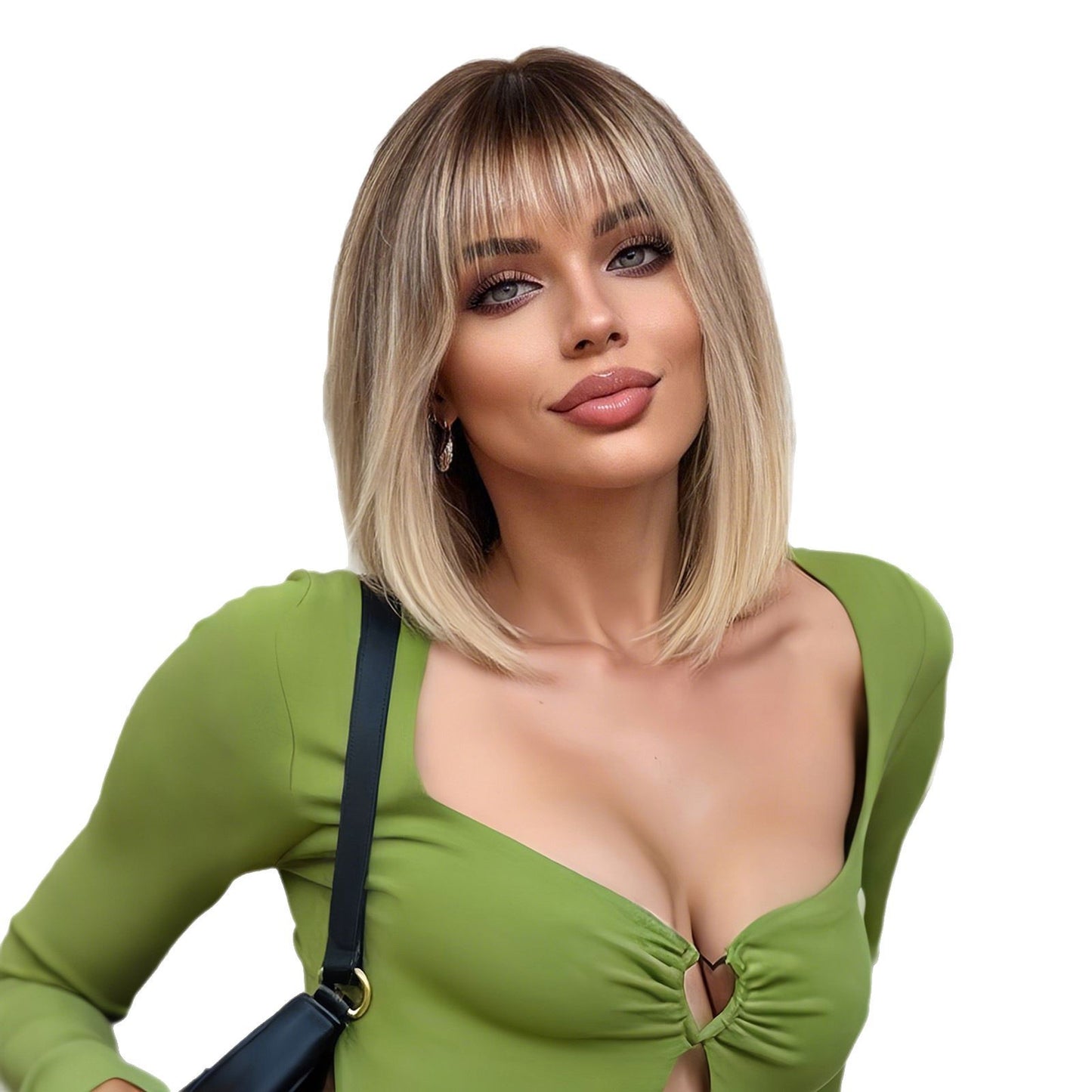 Breathable Bangs Gradient Gold Wave Full Wig Short Straight Hair