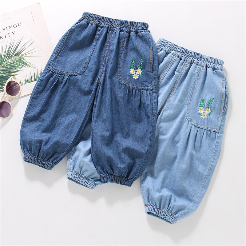 Children's Cotton Jeans Thin Summer Flower Embroidered Ankle Banded Children's Pants