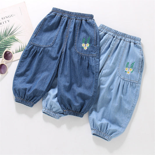 Children's Cotton Jeans Thin Summer Flower Embroidered Ankle Banded Children's Pants
