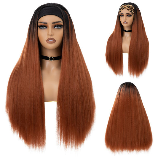 Popular Female Black Simulation Fluffy Headband Long Straight Wig