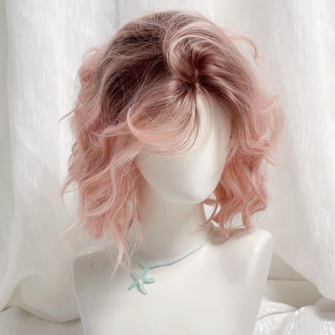 Pink Gradient Egg Roll Artificial Daily Wig Short Curly Hair