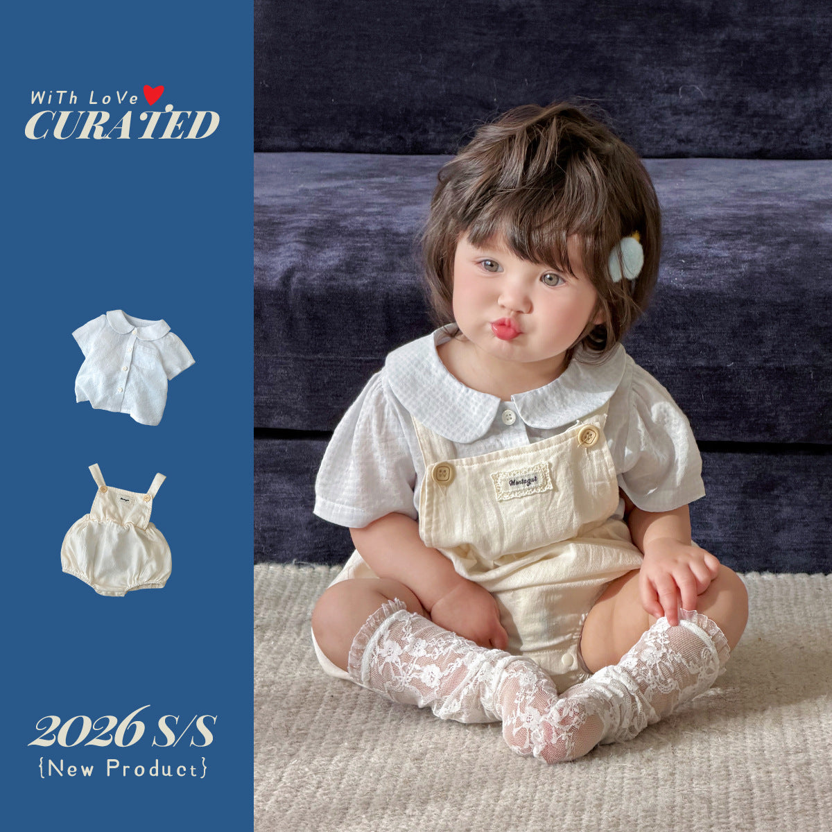 Children's Geometric Clothes Suspender Pants Fresh Peter Pan Collar Short-sleeved Shirt Children's Suit