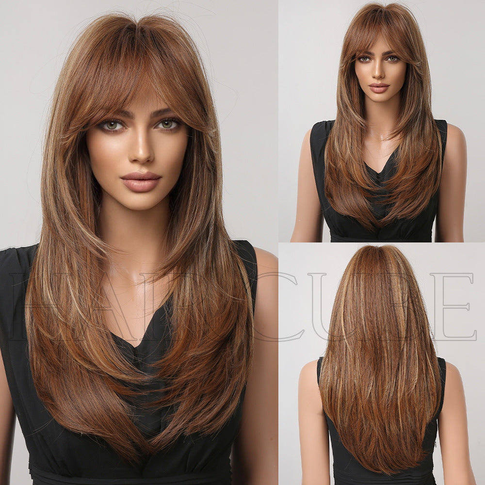 Women's Bangs High-level Gradient Golden Mechanism Long Straight Wig