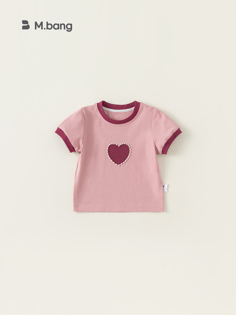 Children's Clothing Sweet Loving Heart Beaded Short-sleeved Children's T-shirt