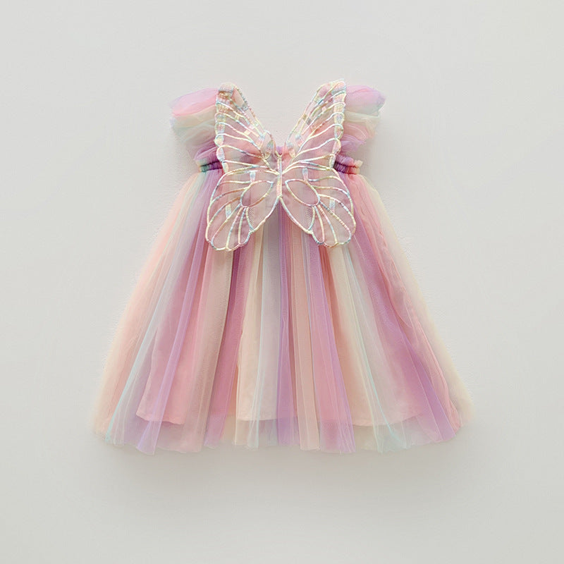 Rainbow Wings Mesh Summer Flounced Sleeve Princess Children's Dress