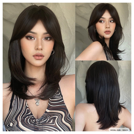 Bangs Black Brown Hair High Temperature Long Straight Wig