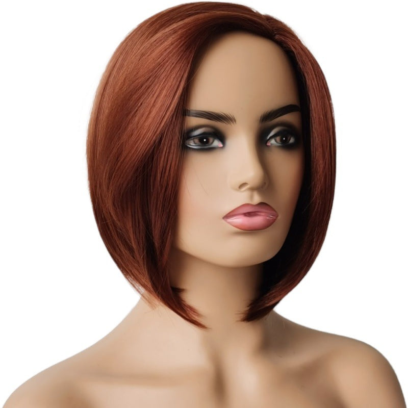 Red Partial Bangs Simulation Scalp Rose Net Wig Short Straight Hair