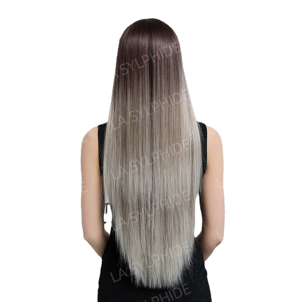 Female Brown Hair Hood Chemical Fiber Mechanism Simulation Natural Long Straight Wig