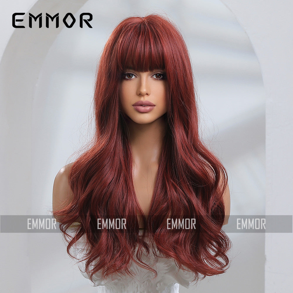 Bangs Red Wine Curly Hair Fiber Halloween Sheath Wig Long Curls