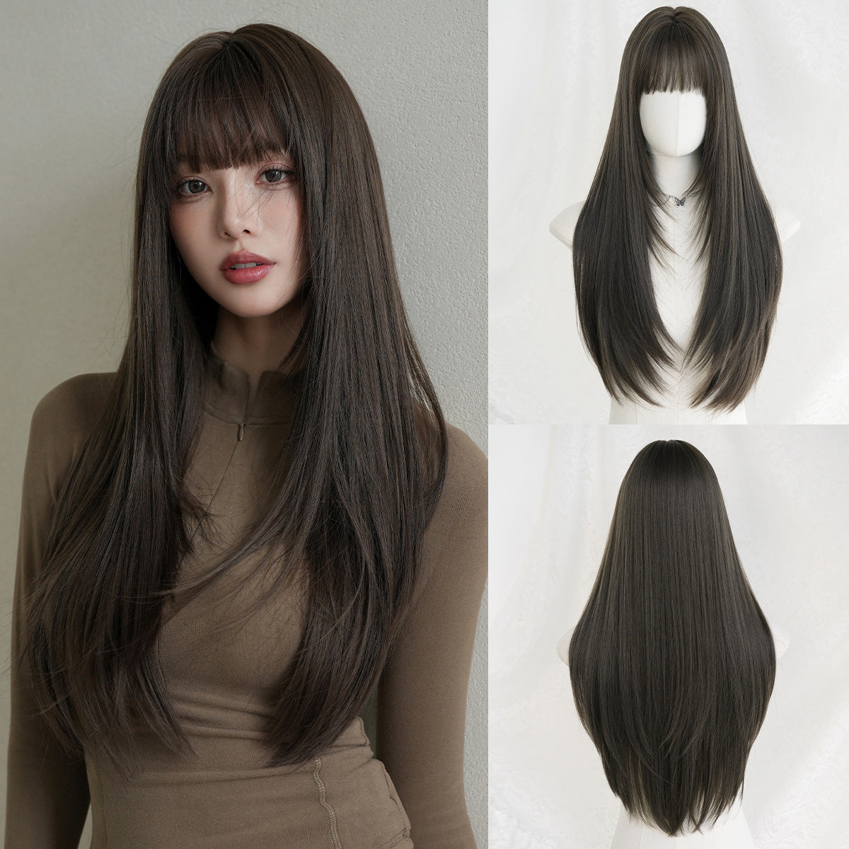 Black Full Top Bangs High Quality Chemical Long Straight Wig