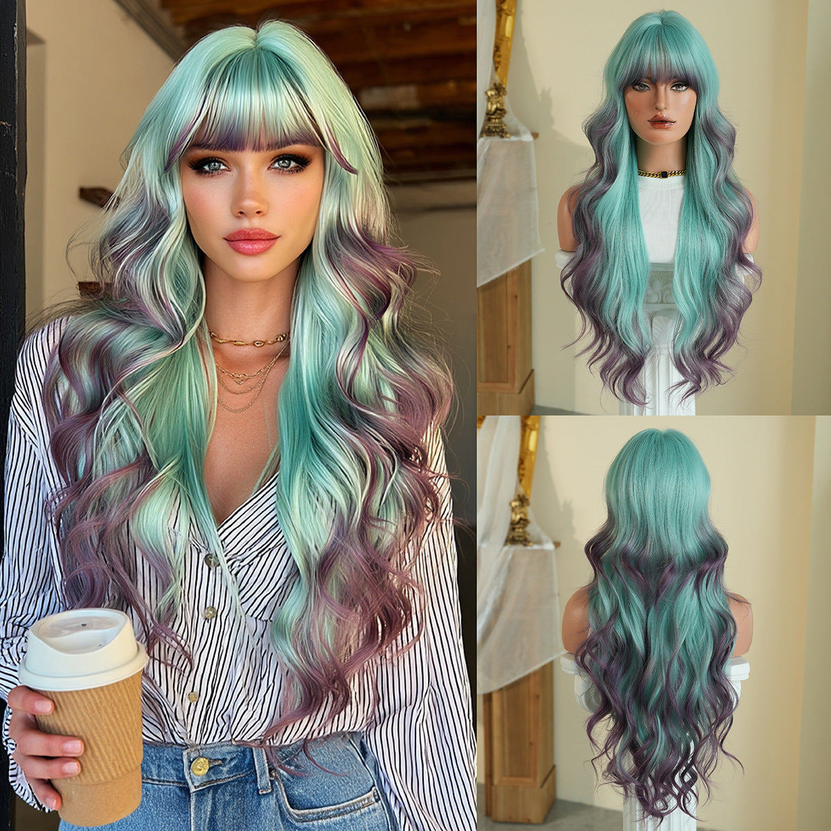 Gradient Color Wave Super Curly Hair Straight Bangs Fluffy Chemical Wig Long Curls