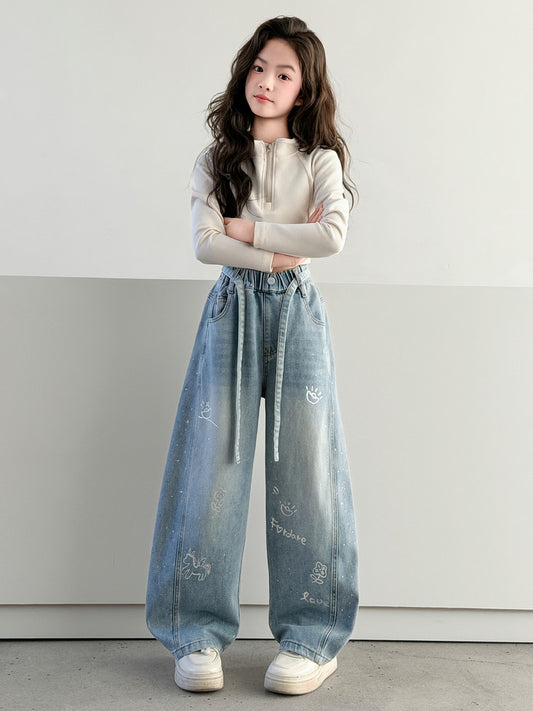 Matchet Printed Korean Jeans Loose-fitting Trousers Children's Pants