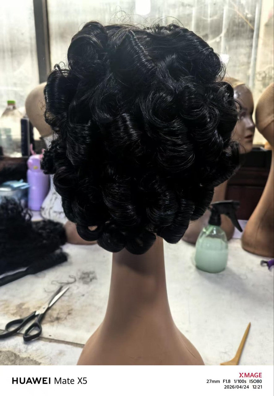 Lace Real Human Sheath Elf Head Wig Short Curly Hair