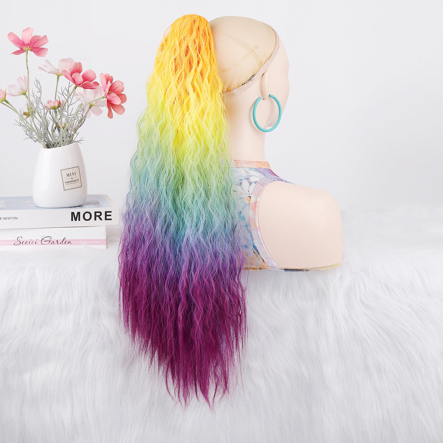 Women's Color Long Curly Hair Grip Dyed Corn Curler Water Ripple Wig Ponytail