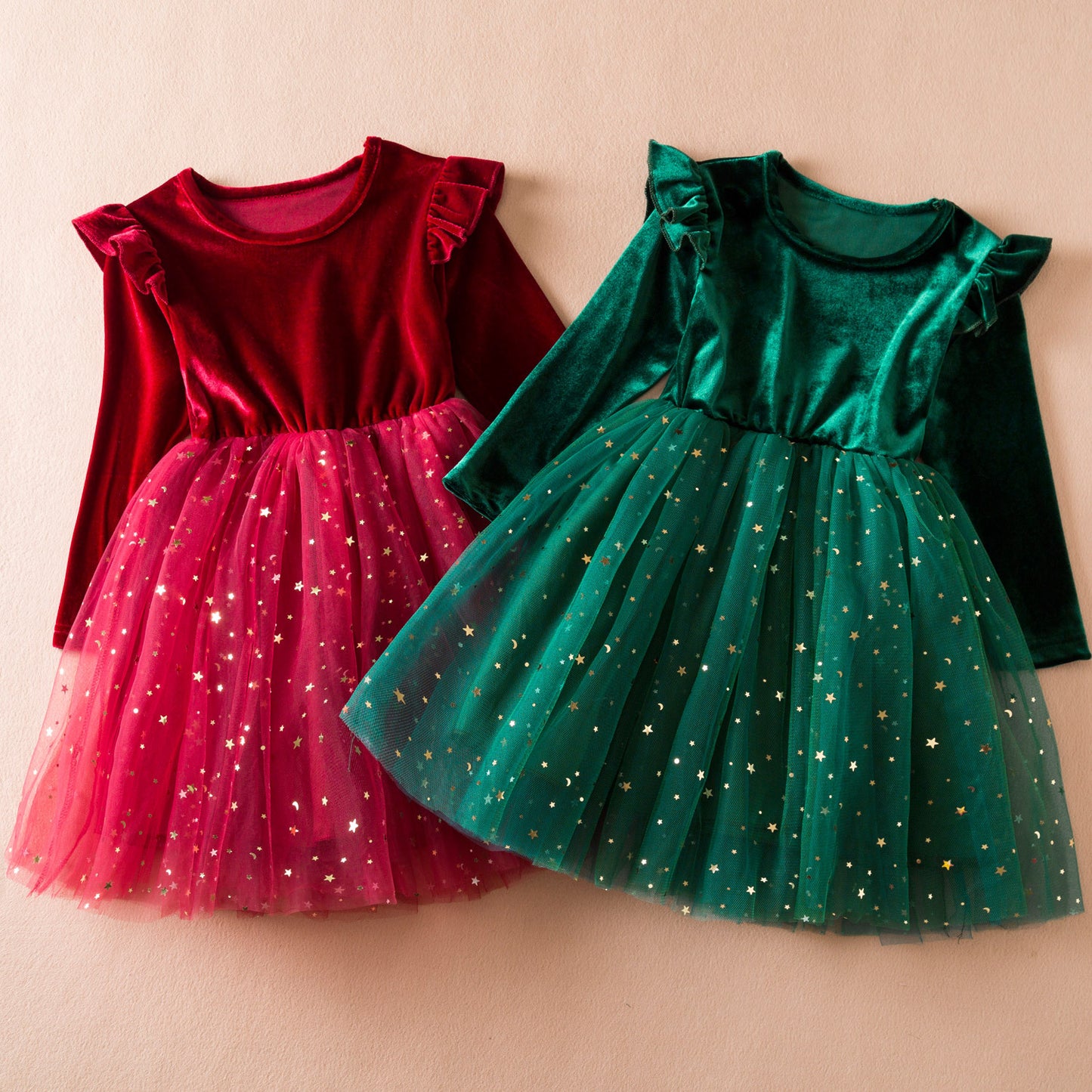 Children's Long-sleeved Fashionable Star Sequins Mesh Princess Christmas Children's Dress