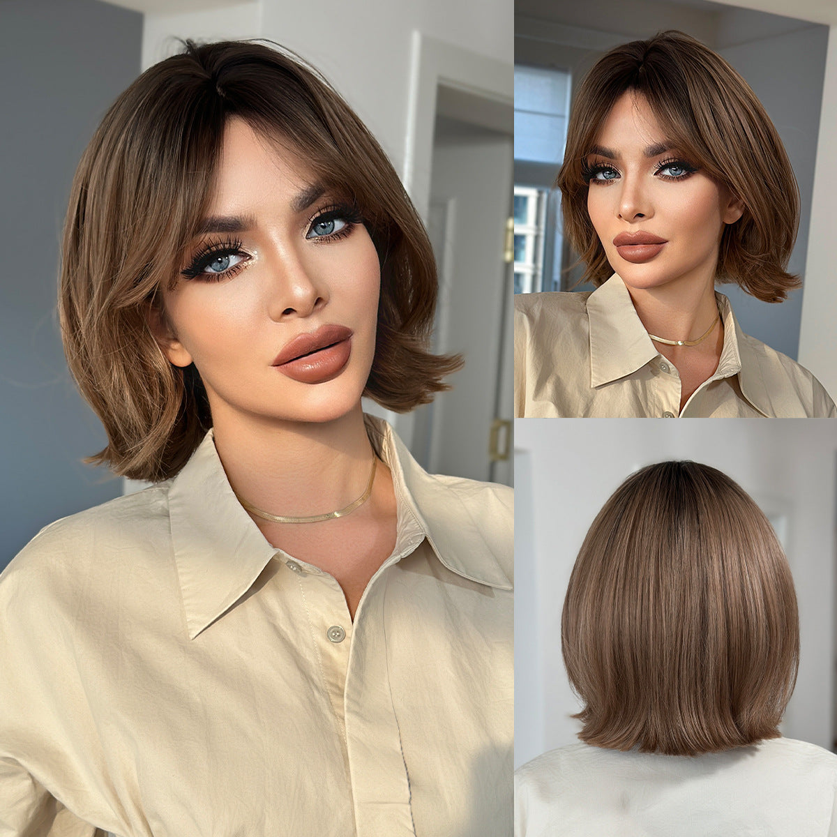 Female Brown Level Within The Age Reduction Air Bangs Wig Short Curly Hair