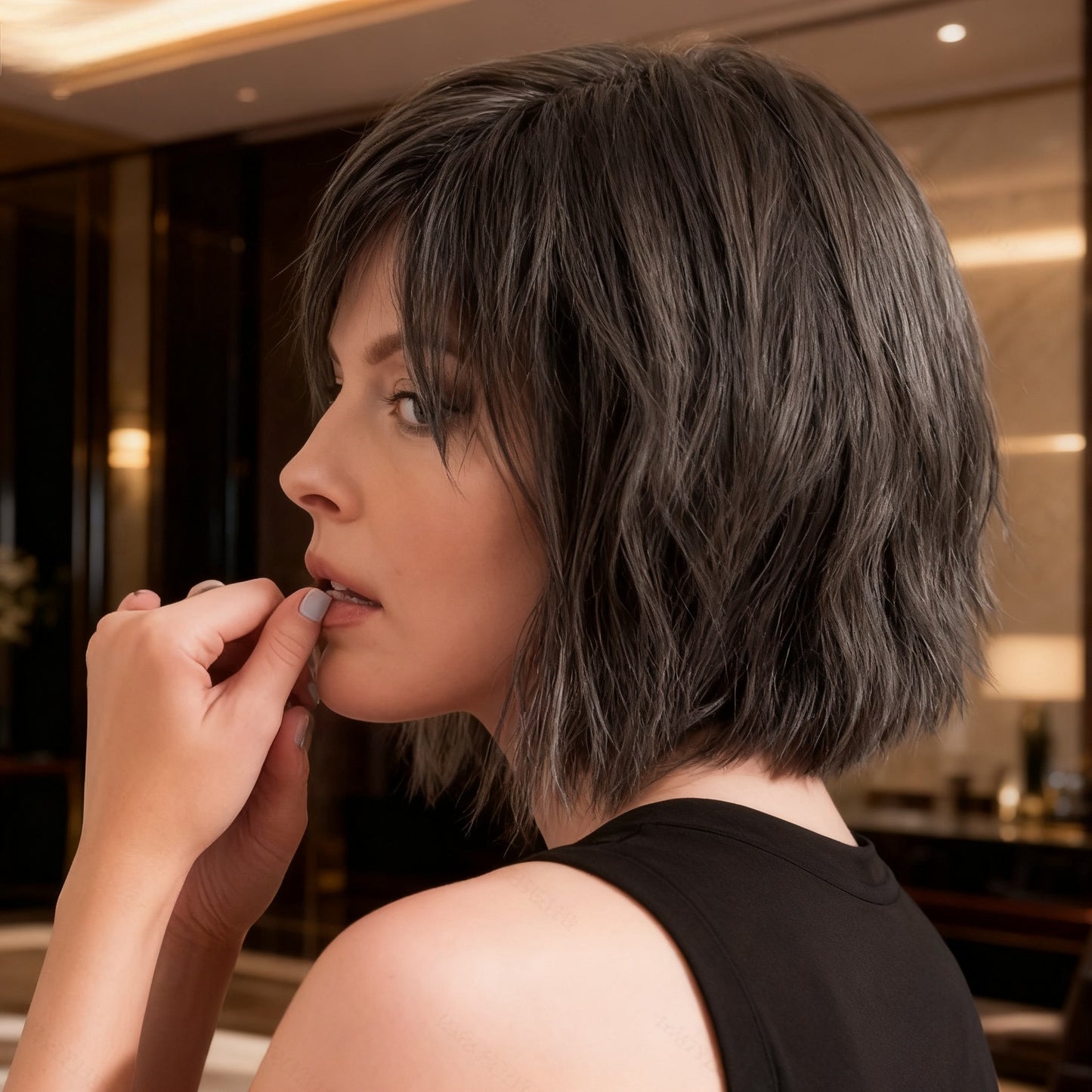 Female Partial Gradient White Gold Color Wig Short Curly Hair