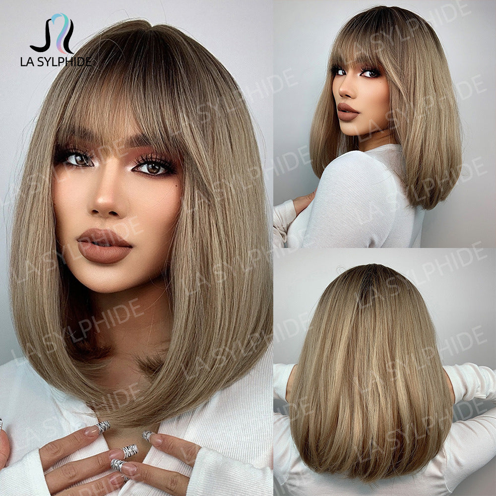 Gradient Golden Medium Hair Inner Buckle Bangs Long Straight Wig