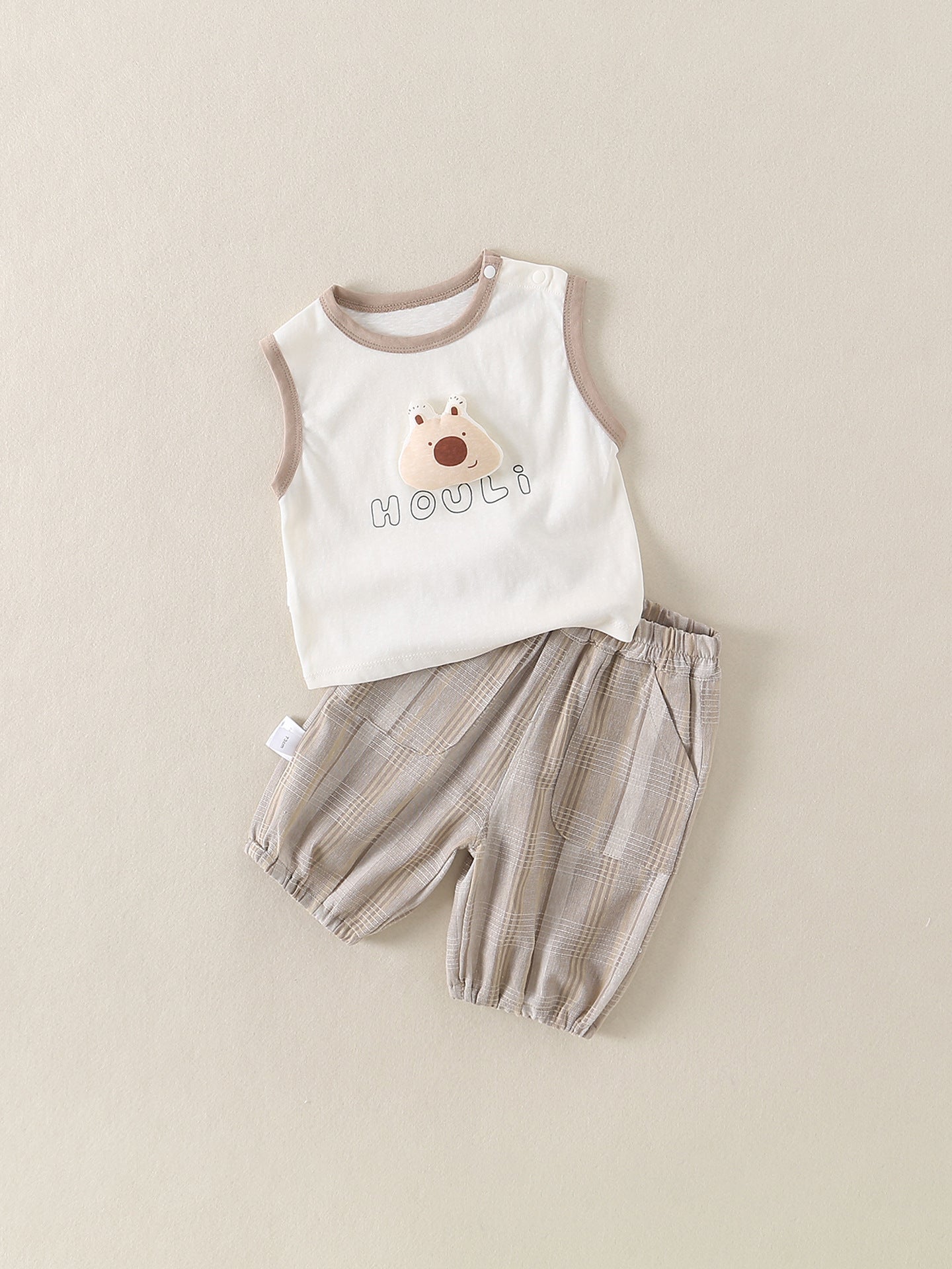 Summer Clothes Sleeveless Cartoon Cute Cotton Breathable Outer Wear Plaid Children's Suit