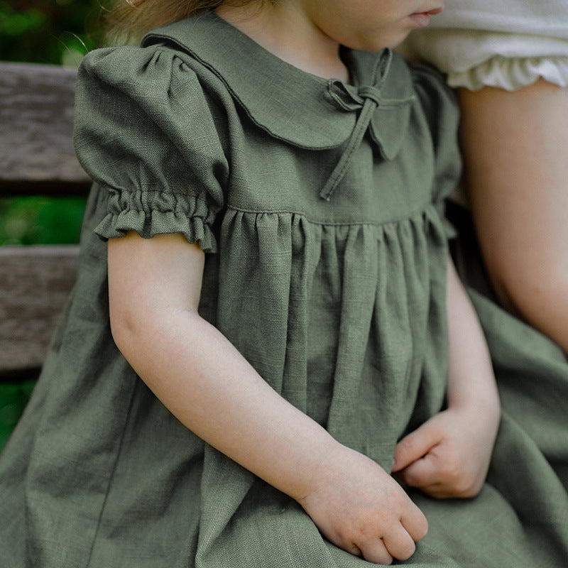 Women's & Children's Linen Doll Collar Comfortable Breathable Back Single-breasted Short Children's Dress