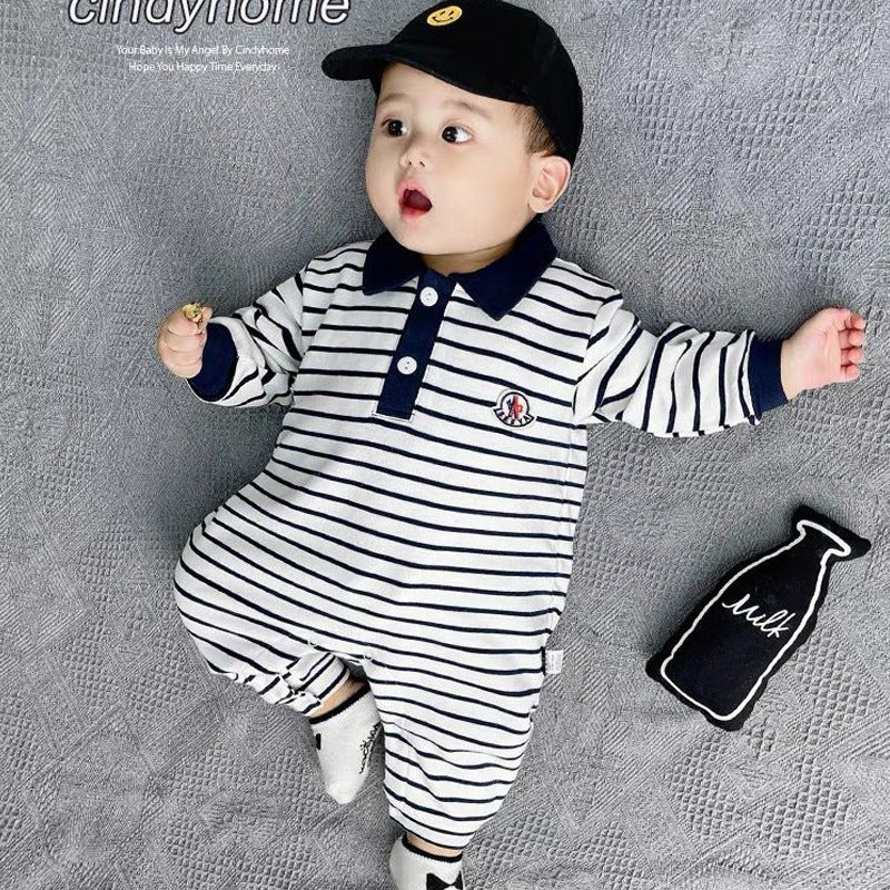 Striped Jumpsuit Pure Cotton Romper Boy's Lapel Jumpsuit, Climbing Suit