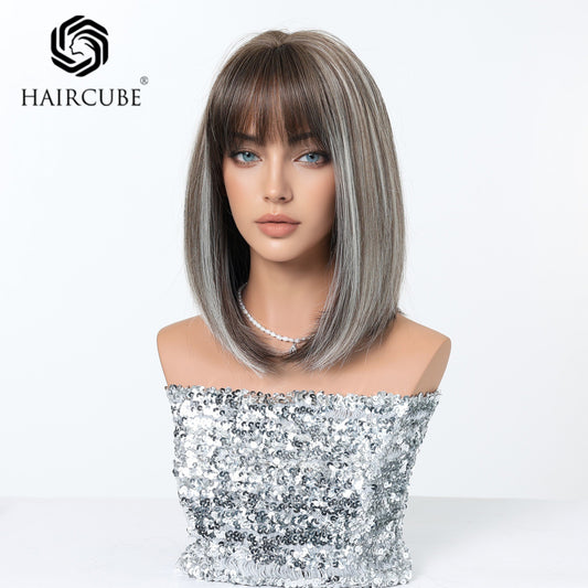 Chemical Fiber Highlight Dyed Summer Breathable Bangs Cut Collarbone Length Wig Short Straight Hair