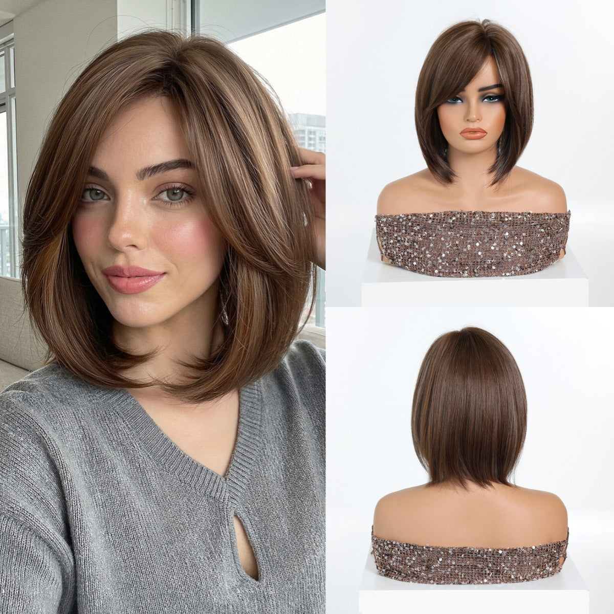 Brown Natural Fluffy Improving Face Feature Wig Short Straight Hair