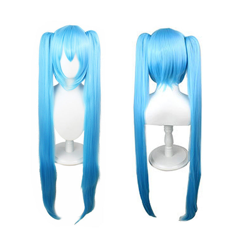 Long Hair Anime Blue Fiber Pairs Ponytail Pink Straight Cos Wig