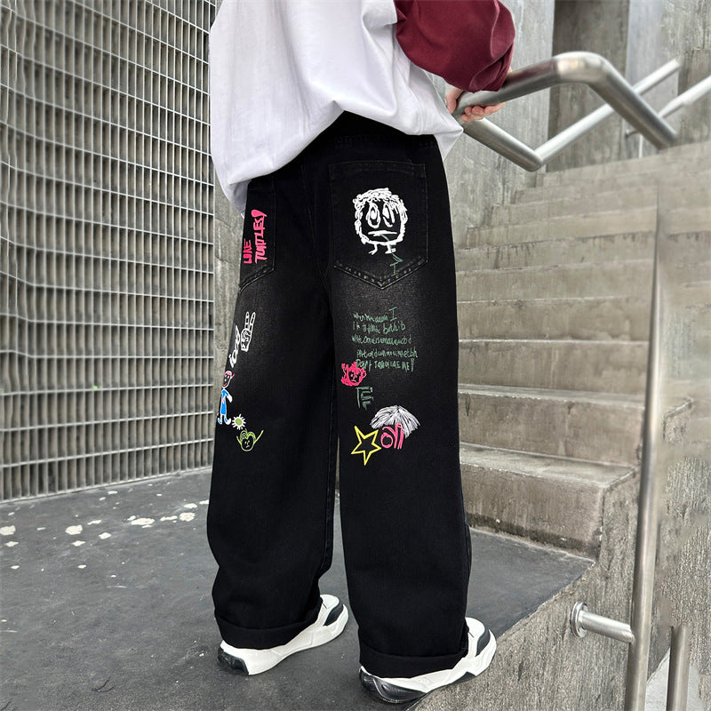Boys Jeans American Style Iti Printing Wide Leg Fried Children's Pants