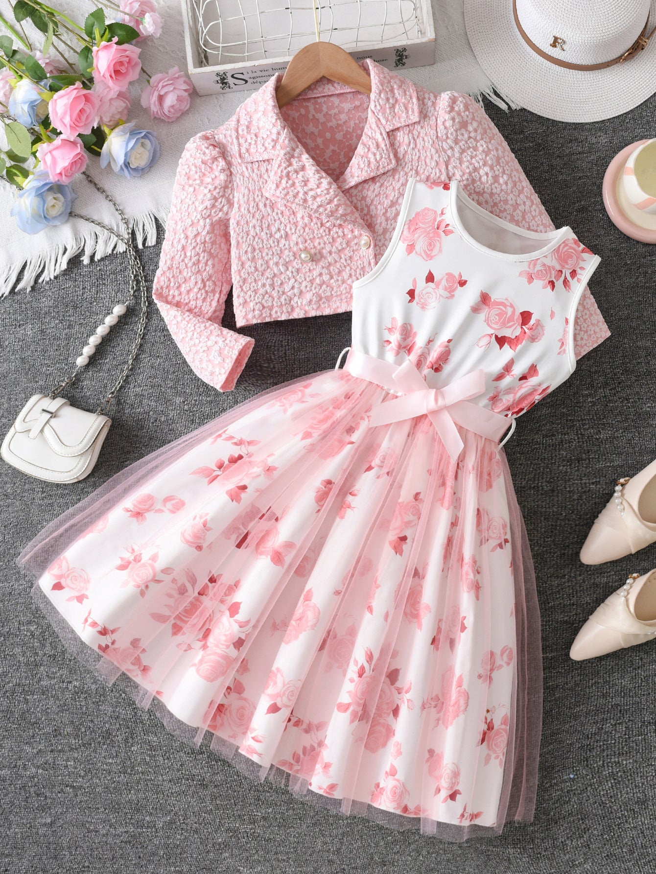 Children's Dress Sky Blue Rose Vest Classic Style Turn-down Collar Coat Children's Suit