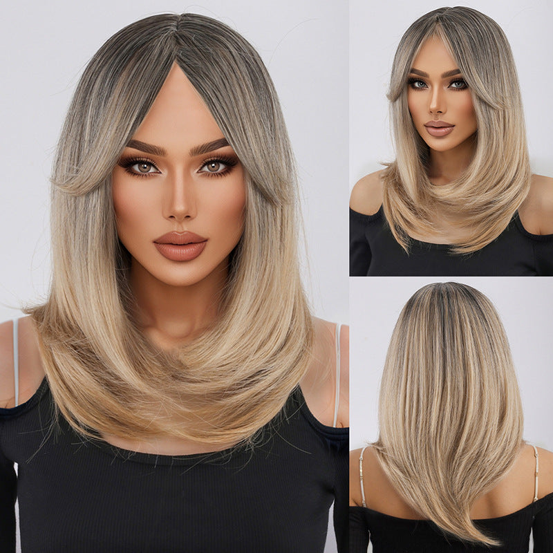 Black Gold Gradient Bangs Straight Hair Wig Long Curls