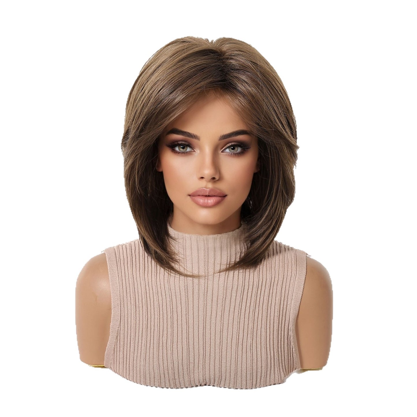 Women's Short Wave Head Gray Brown Highlight Long Straight Wig