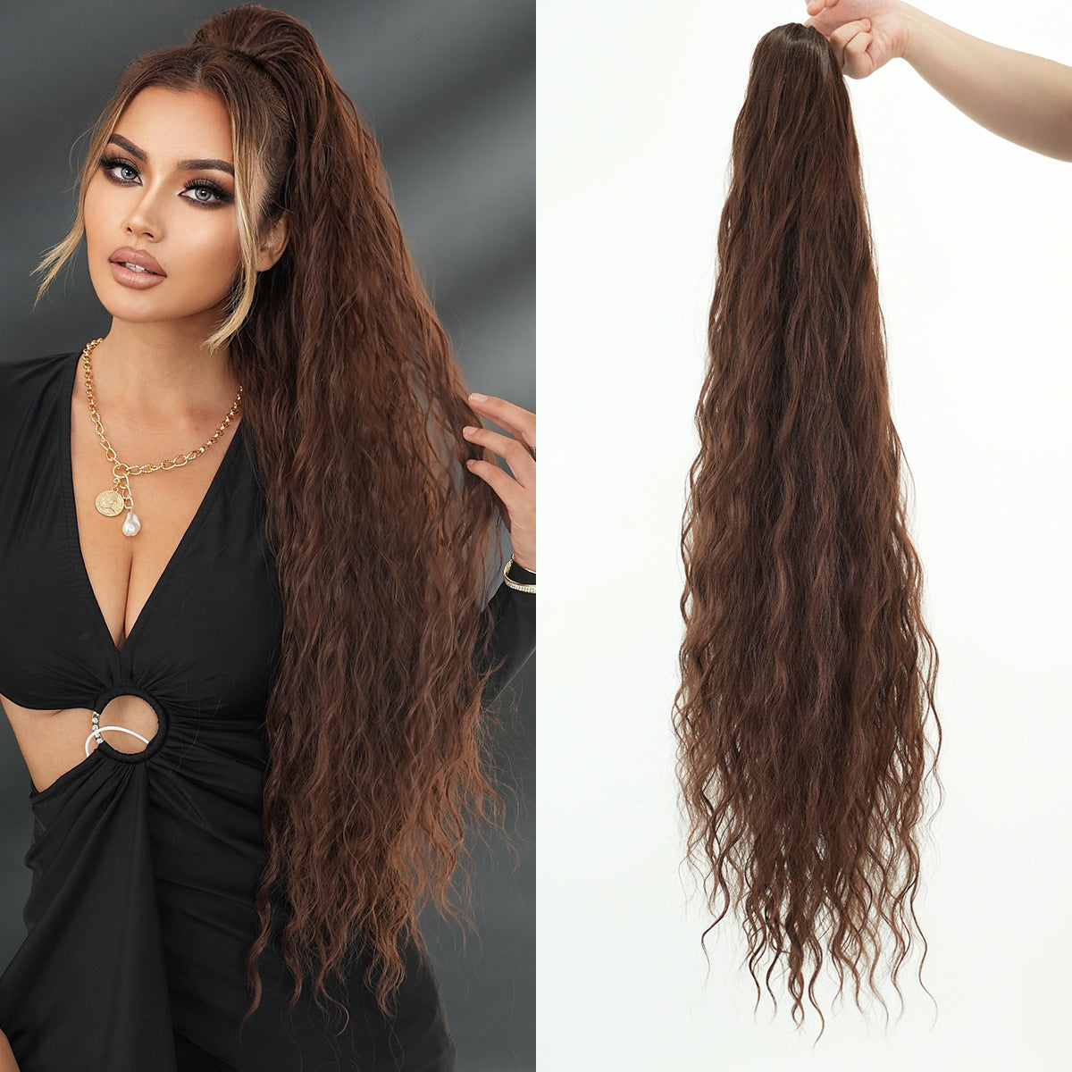 Inch Extra Long Curl Drawstring Net Pocket Elastic Water Wig Ponytail