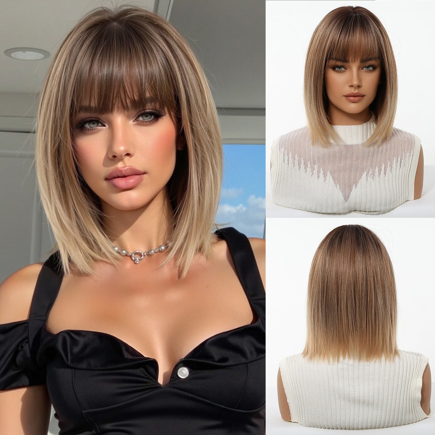 Gradient Brown Highlights Air Bangs Natural Realistic Chemical Fiber Full Wig Short Straight Hair