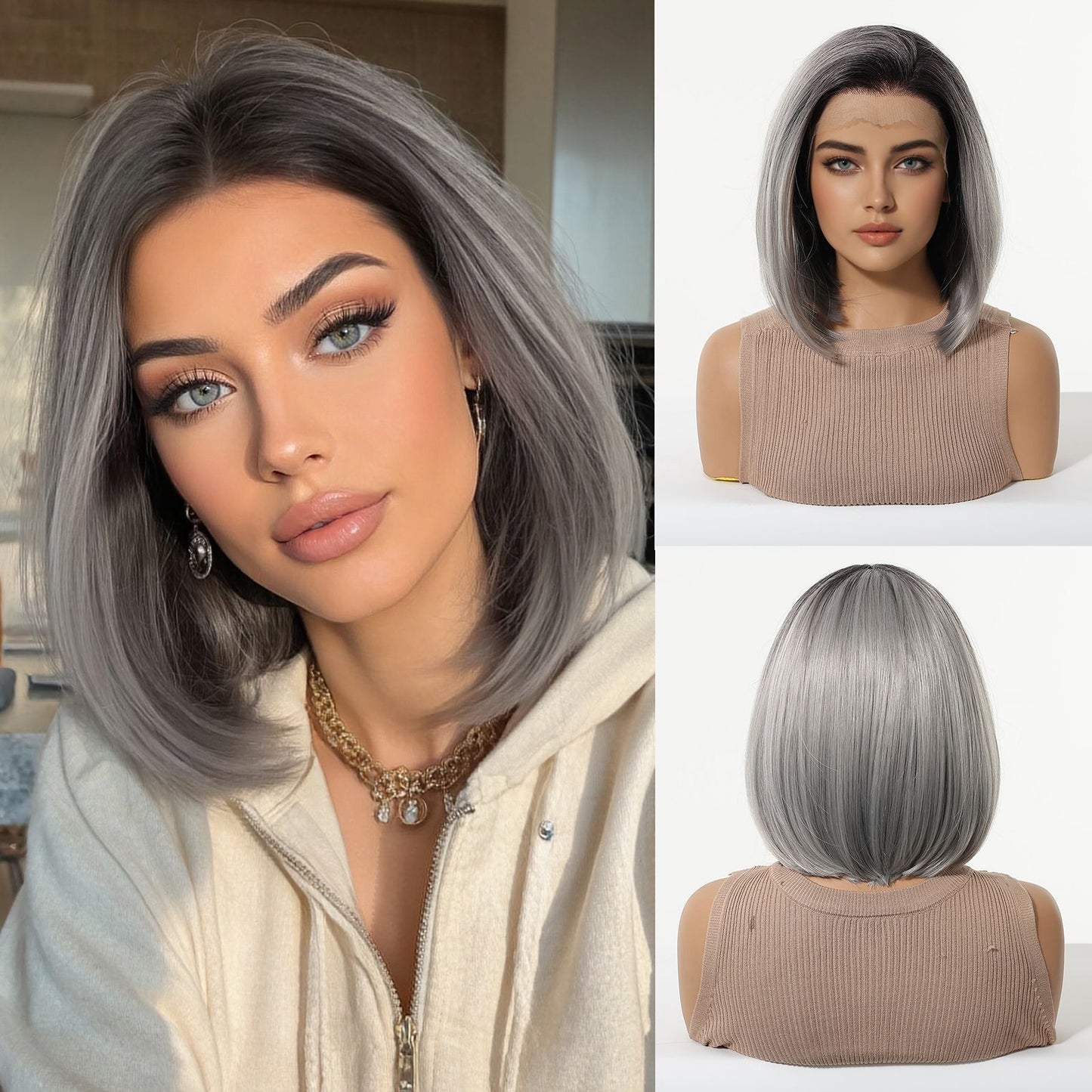 Women's Crocheted Lace On Forehead Fiber Gradient Golden Wig Short Straight Hair