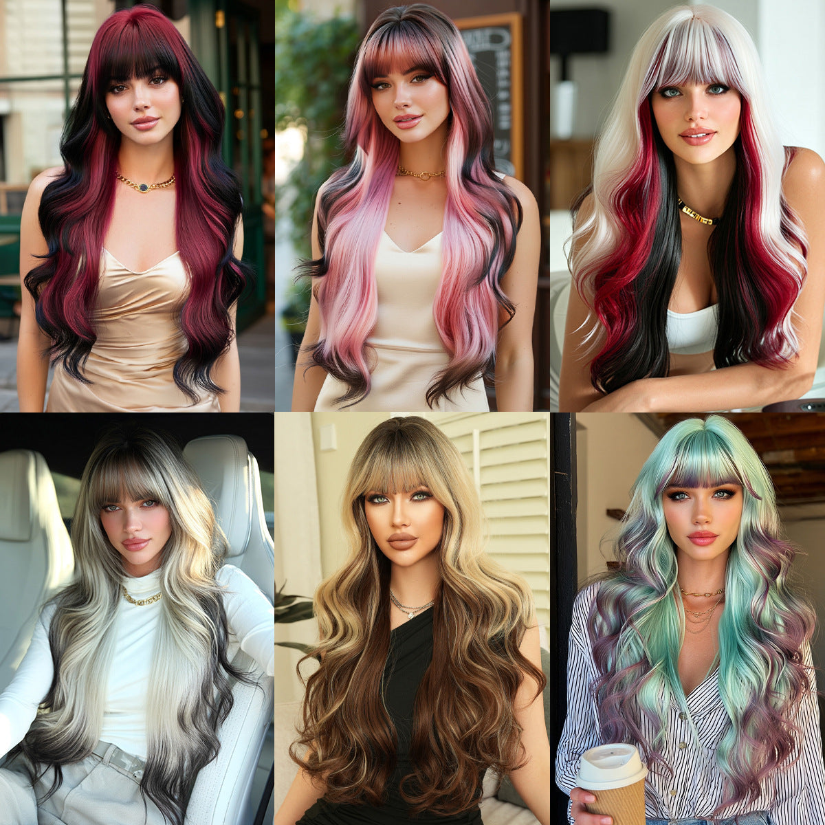 Gradient Color Wave Super Curly Hair Straight Bangs Fluffy Chemical Wig Long Curls