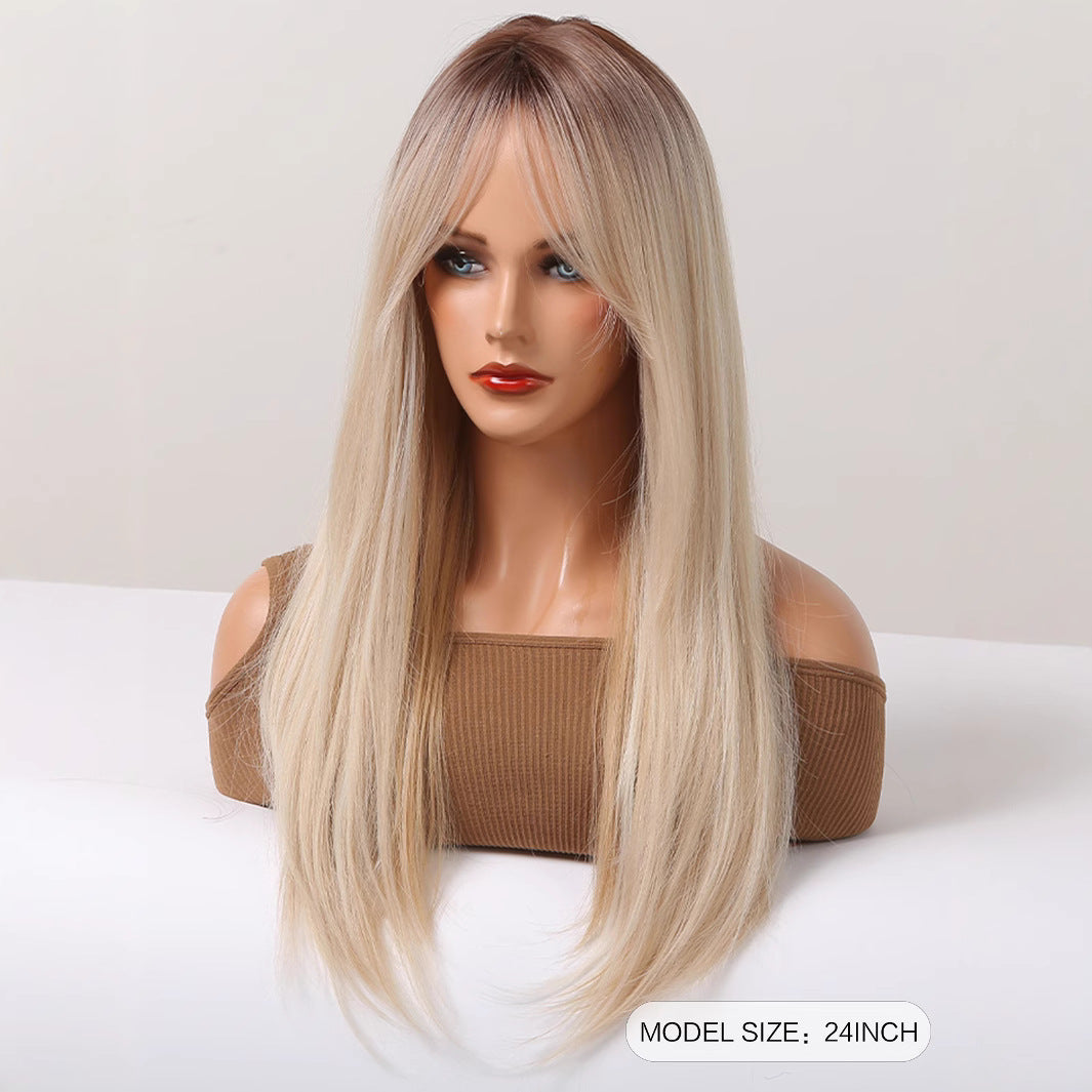 White Gold Color Bangs Hair Natural Realistic Long Straight Wig