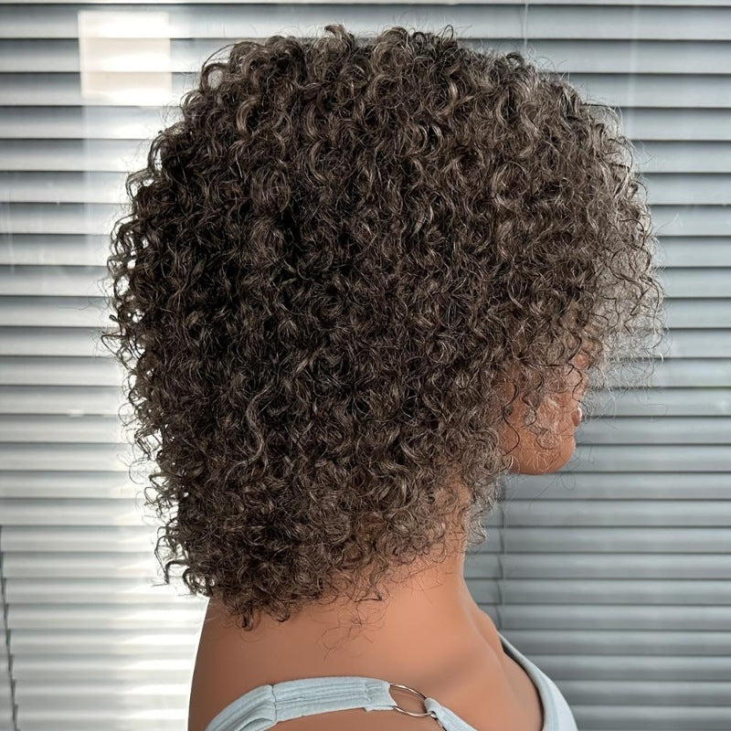 Women's African Gray Partial Front Lace Synthetic Wigs Hand Wrapped Small Wig Short Curly Hair