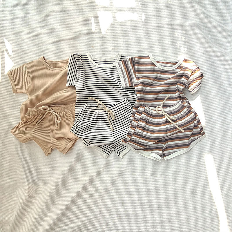Children's Toddler Striped Cotton Short Sleeve Top Pants Comfortable Cute Trendy Children's Suit