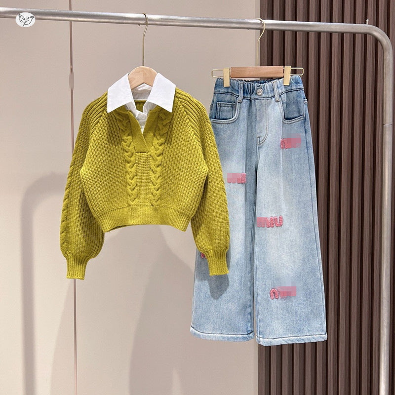 Children's Style Korean Casual Knitted Sweater Fashion Embroidery Trendy Children's Suit