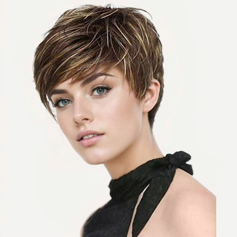 Women's Side Bangs Brown Golden Color One Piece Fiber Wig Short Curly Hair
