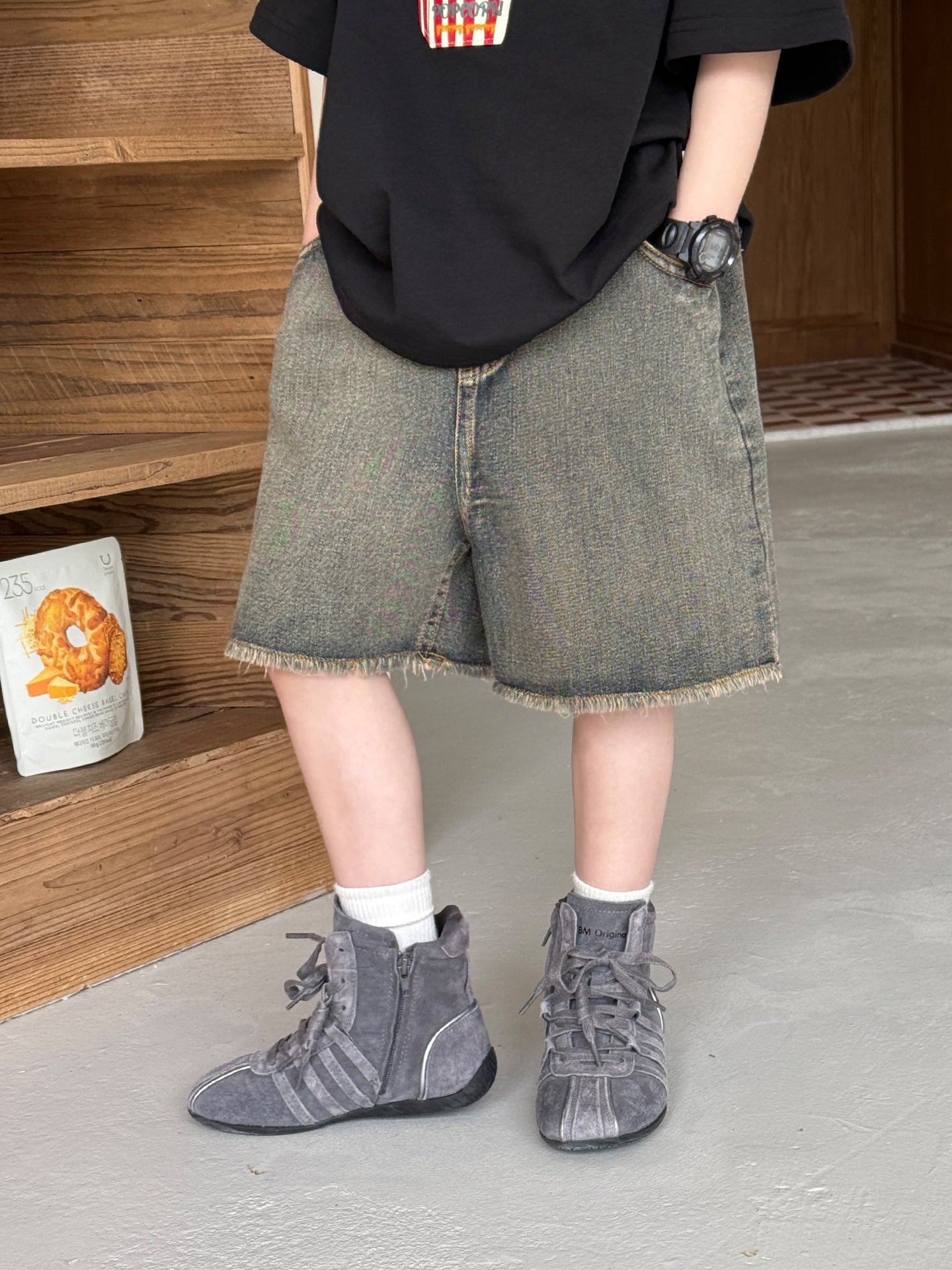Style Fashion Retro Distressed Raw Edges Design Casual Children's Pants
